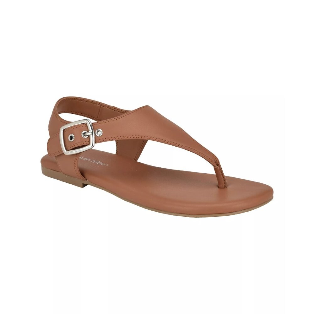 NWB Calvin Klein Moraca2 Buckle T-Strap Flat Sandals Dark Natural Size 9 - Picture 2 of 9